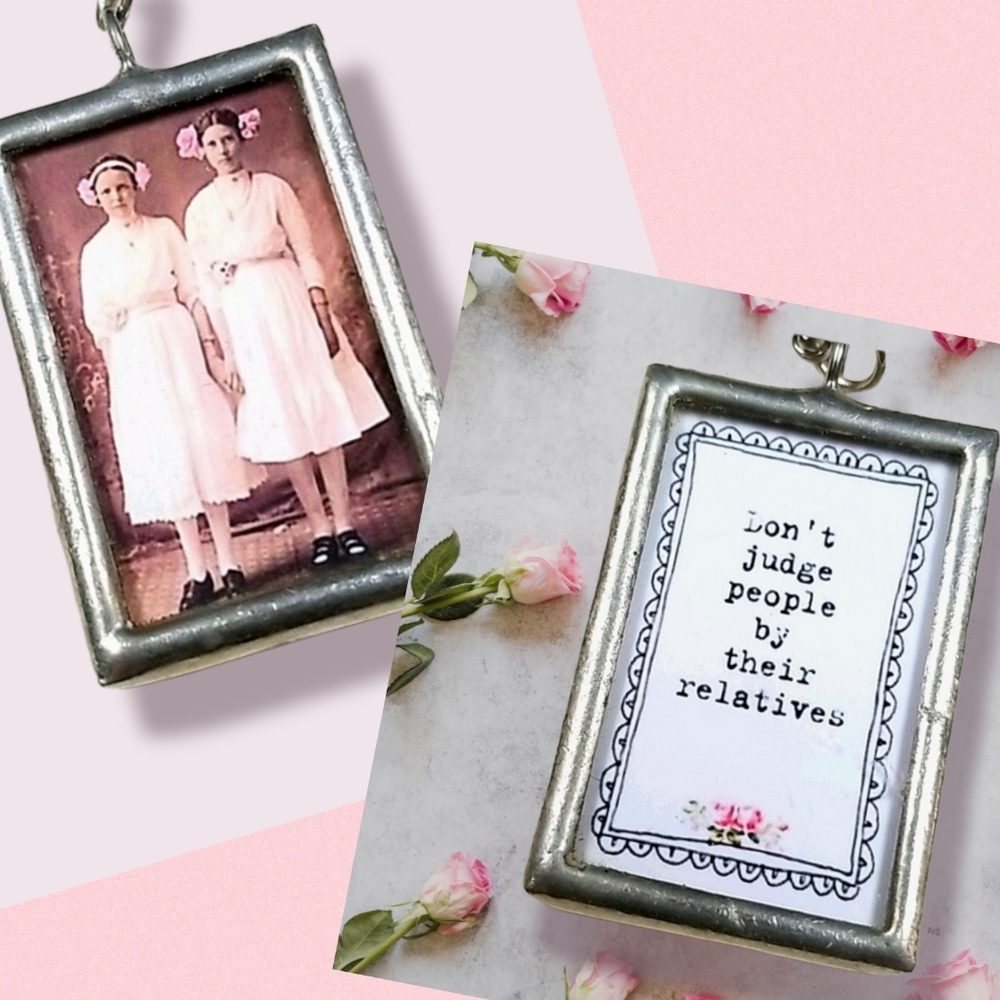 Hand Crafted Vintage Print "Relatives" Soldered Glass Charm